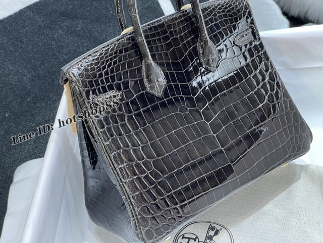 Hermes專櫃經典款鱷魚皮Birkin手提女包 愛馬仕鉑金25CM石墨灰金扣進口高光尼羅鱷魚肚皮純手工女包 zhh1226